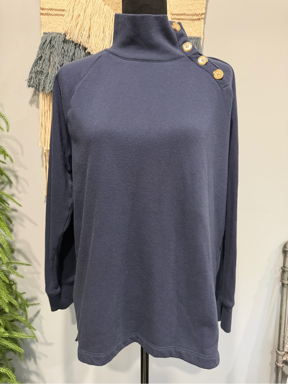 J.Crew Navy Mock Neck Sweatshirt Button Shoulder Pullover Top Medium